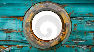 Vintage Aged Brass Ship Porthole Mounted on a Wooden Hull with a White Background. Generative AI