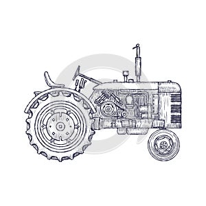Vintage agricultural tractor, sketch. Hand drawn Vector