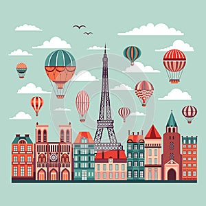 Vintage Air Balloons Flying over Paris Skyline