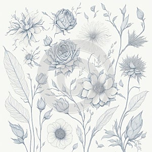Vintage air flowers pencil sketch ephemera paper design