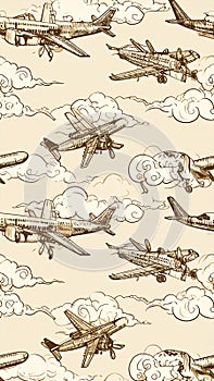 Vintage Aircraft and Clouds Seamless Pattern