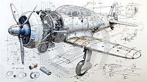 Vintage aircraft is depicted detailed pencil drawing threequarter view showcasing its propeller cockpit fuselage photo