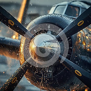 Vintage Aircraft Engine with Raindrops in Dramatic Lighting