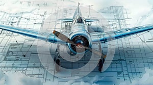 Vintage aircraft on engineering blueprints merging historical aviation with technical design illustrating aeronautical engineering