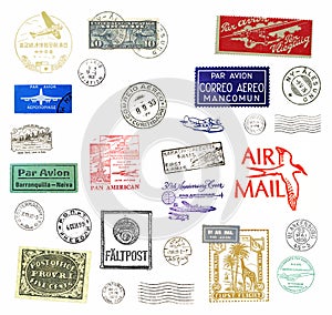 Vintage airmail labels and stamps photo