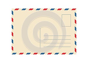 Vintage airmail postcard back template with diagonal blue and red stripe. Travel post card blank backside. Air mail