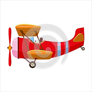 Vintage airplane biplane cartoon retro red colour. Vector isolated cartoon style