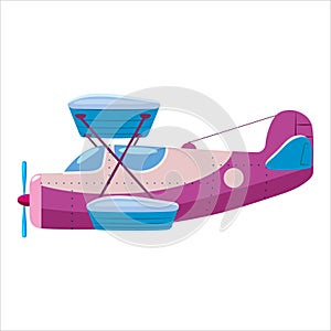 Vintage airplane biplane cartoon retro violet colour. Vector isolated cartoon style