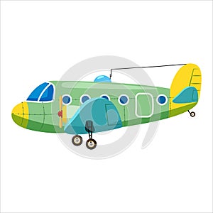 Vintage airplane cargo monoplane cartoon retro green colour. Vector isolated cartoon style