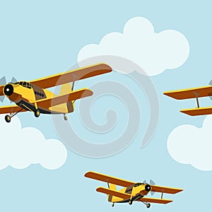 Vintage airplane in the cloudy sky seamless pattern