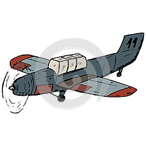 Vintage airplane color illustration. Retro aircraft ink sketch. Transporation vector drawing. Monochrome texture style.