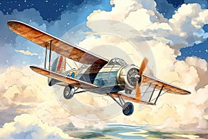 Vintage airplane flying over scenic landscape watercolor art, wall art. Wall art wallpaper