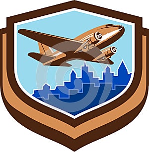 Vintage Airplane Take Off Cityscape Shield Retro