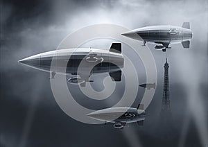 Vintage airship Zeppelin. in the sky. 3d illustration