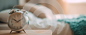 The Vintage Alarm Clock on a Bedside Table in a Cozy Bedroom Setting.AI generated image
