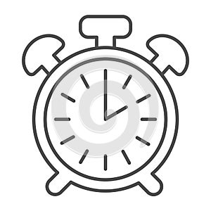 Vintage alarm clock with button, 2 pm, 2 am thin line icon, time concept, timepiece vector sign on white background