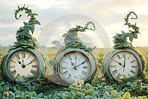 Vintage alarm clock in the field, vintage and retro style. Modern Art Deco surreal and fantastical style