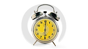 Vintage alarm clock over a white background. Time running backwards.