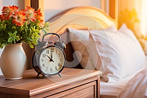 Vintage alarm clock on a rustic bedside table, signaling the arrival of a new day