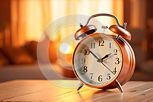 Vintage alarm clock on a rustic bedside table, signaling the arrival of a new day