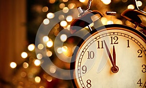 Vintage alarm clock is showing midnight. It is twelve o`clock, christmas and bokeh, holiday happy new year festive concept