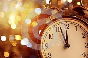 Vintage alarm clock is showing midnight. It is twelve o`clock, christmas and bokeh, holiday happy new year festive concept