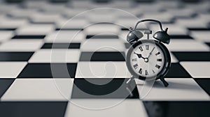 Vintage alarm clock stands on a black and white checkered floor, symbolizing concepts of time and decision-making in a classic