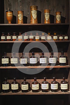 Vintage alchemy chemistry workshop rack shelf glass vials