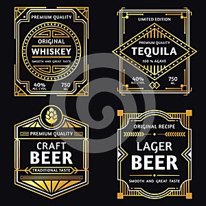 Vintage alcohol label. Art deco whiskey, tequila sign, retro craft and ager beer labels vector illustration