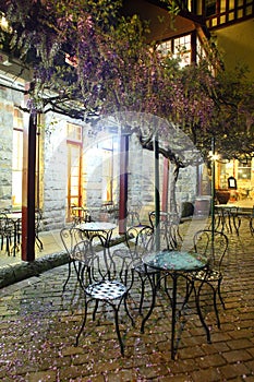 Petals covering bistro chairs night scenery photo