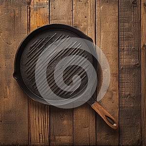 Vintage allure Empty grill pan on a rustic oak table