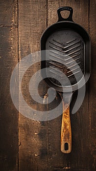 Vintage allure Empty grill pan on a rustic oak table