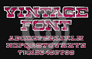 Vintage alphabet font. Damaged uppercase retro letters and numbers.