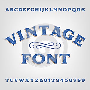 Vintage alphabet font. Scratched type letters and numbers.