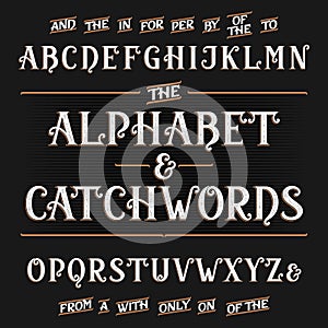 Vintage alphabet vector font with catchwords. Ornate letters and catchwords.