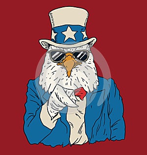 Vintage American bald eagle dressed as Uncle Sam.