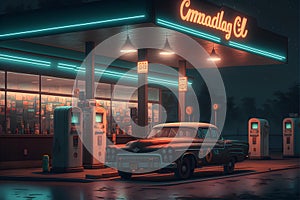 Vintage american car at gas station at night. 3d rendering