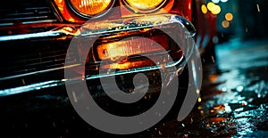 Vintage American classic car, headlights glowing at night - AI generated image