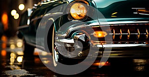 Vintage American classic car, headlights glowing at night - AI generated image