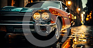 Vintage American classic car, headlights glowing at night - AI generated image