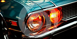 Vintage American classic car, headlights glowing at night - AI generated image