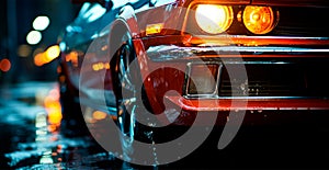 Vintage American classic car, headlights glowing at night - AI generated image