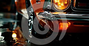 Vintage American classic car, headlights glowing at night - AI generated image