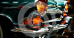 Vintage American classic car, headlights glowing at night - AI generated image