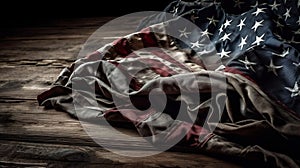 Vintage American flag crumpled on wooden background.