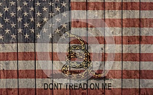 Vintage american flag and dont tread on me flag