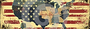 Vintage American flag overlaid on a map of the United States in a rustic style