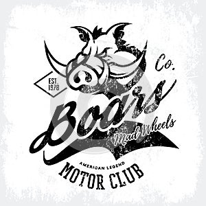 Vintage American furious boar bikers club tee print vector design on white background.