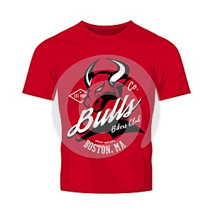 Vintage American furious bull bikers club tee print vector design isolated on red t-shirt mockup.