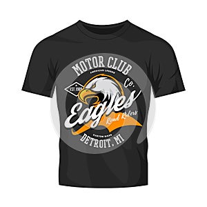 Vintage American furious eagle custom bike motor club tee print design isolated on black t-shirt mockup.